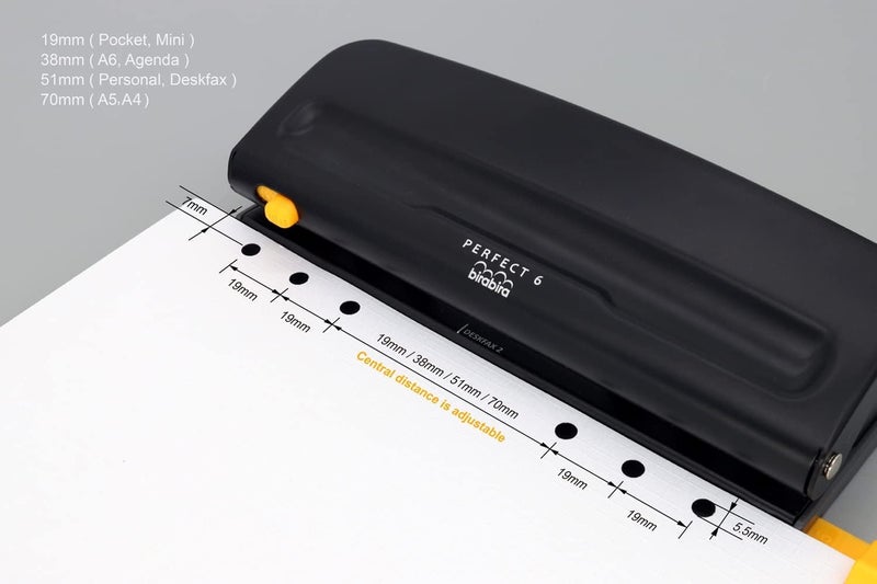 Bira Craft Bira 6 Hole Punch, six Hole Binder, Black, Adjustable, 8 Sheet Capacity, Mini/Pocket A3/ A4 / A5 / A6 / Agenda/Personal/Deskfax, Performance Guaranteed - Image 1